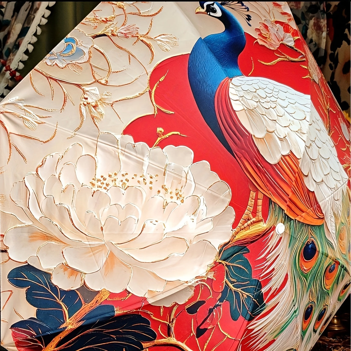 Parapluie pliant motif paon color¨¦ avec protection UV - Compact, l¨¦ger et r¨¦sistant pour soleil ou pluie - Design floral rouge, blanc, bleu, vert, jaune et orange - Ouverture manuelle, 8 baleines en acier