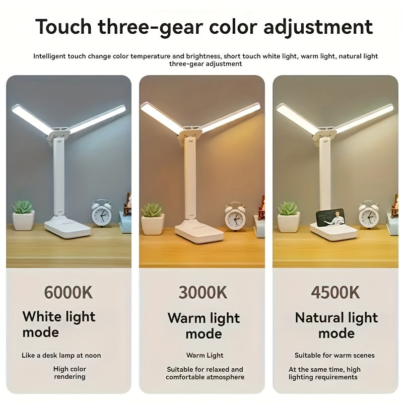 LED Dual-Headed Multifunctional Folding Desk Lamp for Student Dormitory, Study and Reading Light, Touch Charging Plug-in Small Night Light, Bedside Lamp