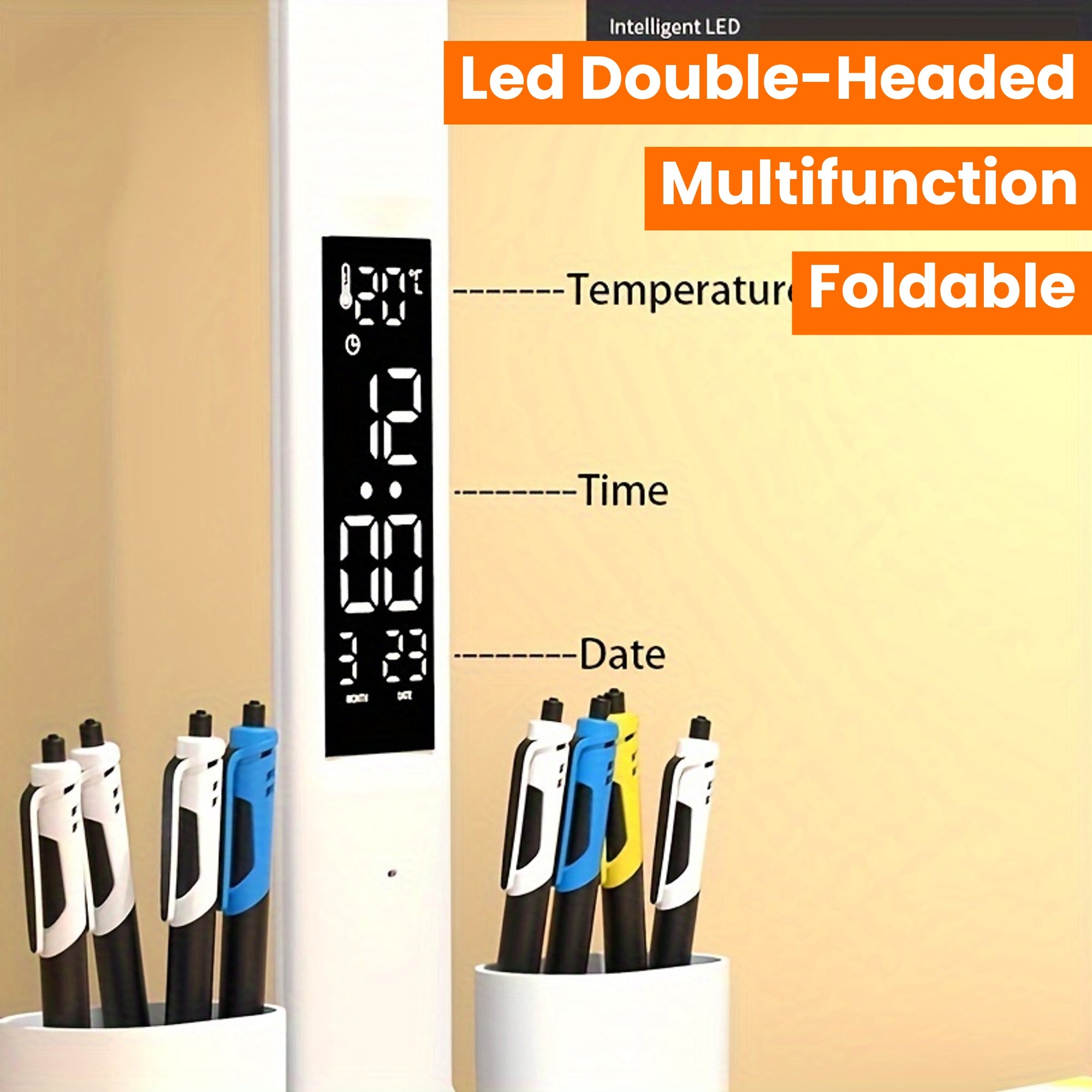 1pc Table Lamp, LED Double-headed Multifunction Foldable Touch With Calendar Clock USB Desk Lamp, For Bedroom Bedside Reading Light (with USB Cable)