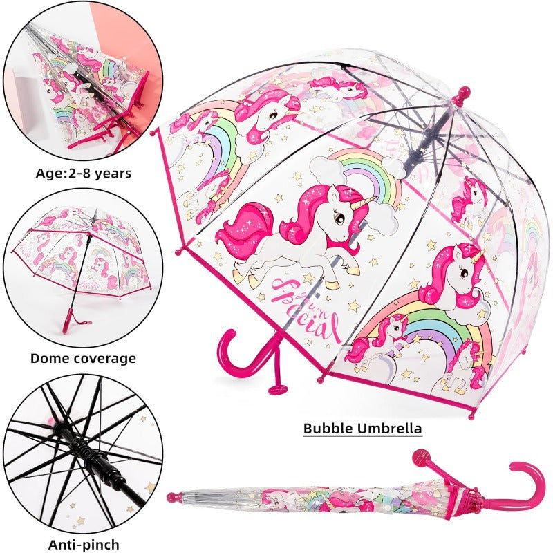 2pcs Parapluies ¨¤ Bulles Licorne, Ouverture Automatique, 8 Barres, Manche en Fibre de Carbone & PE, Auvent en PVC Hydrofuge, Manche Courb¨¦ Facile ¨¤ Tenir pour Gar?ons et Filles