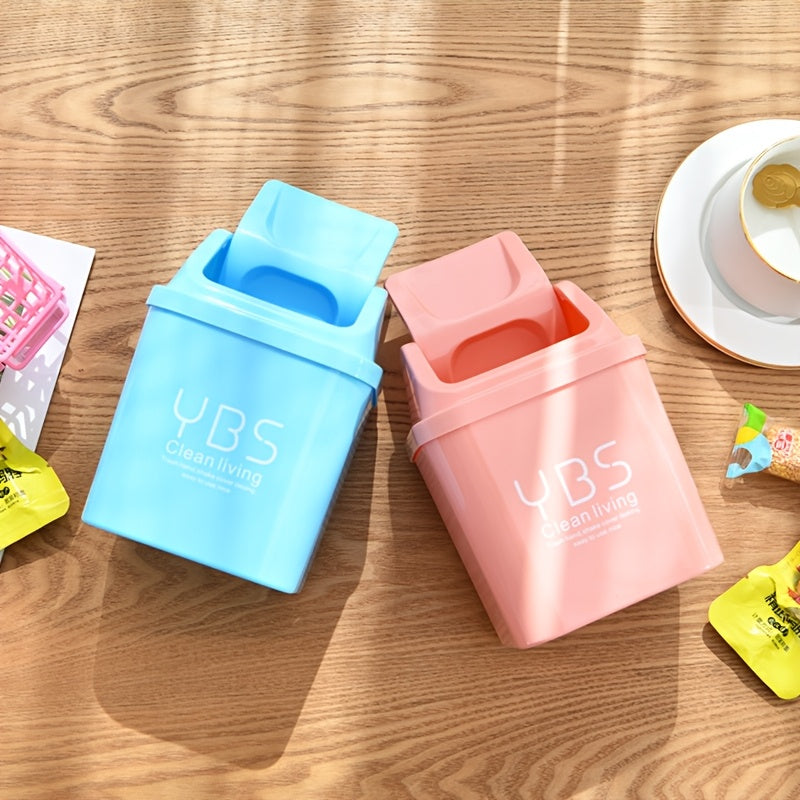 YBS Clean Living Mini Trash Can with Flip Lid ¨C Square Desktop Waste Basket for Kitchen & Living Room, Durable PP Material, Light Blue\u002FWhite\u002FPink, Compact Design for Countertop or Tabletop Use
