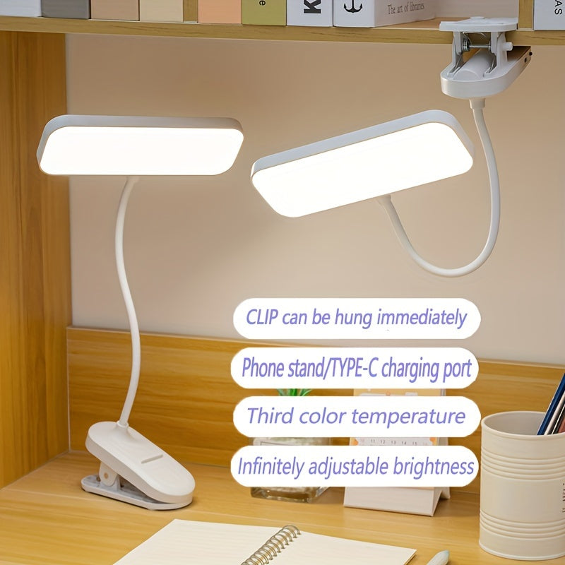 Dimmable LED Clamp Desk Lamp, Touch Control Clip-On Light with Adjustable Brightness, Color Changing, USB\u002FBattery Dual Power, Rechargeable 800mAh Lithium, Indoor Use for Home, Dormitory, Reading, Bedside - White
