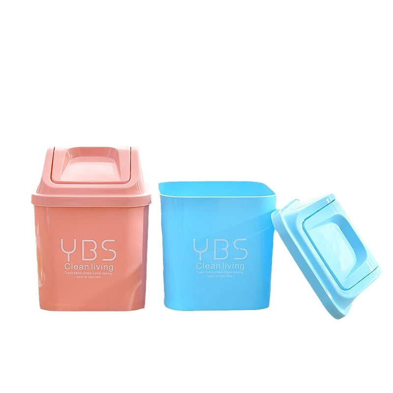 YBS Clean Living Mini Trash Can with Flip Lid ¨C Square Desktop Waste Basket for Kitchen & Living Room, Durable PP Material, Light Blue\u002FWhite\u002FPink, Compact Design for Countertop or Tabletop Use