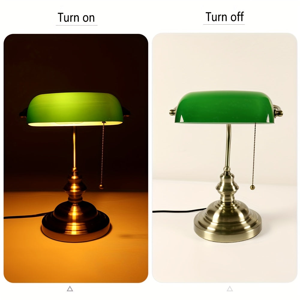 Green Glass Bankers Lamp Desk Lamp Retro Pull Chain Switch Table Lamp Bronze Finish Base E26 Plug in Fixture Office Lamp for Home Office Workplace Library Piano