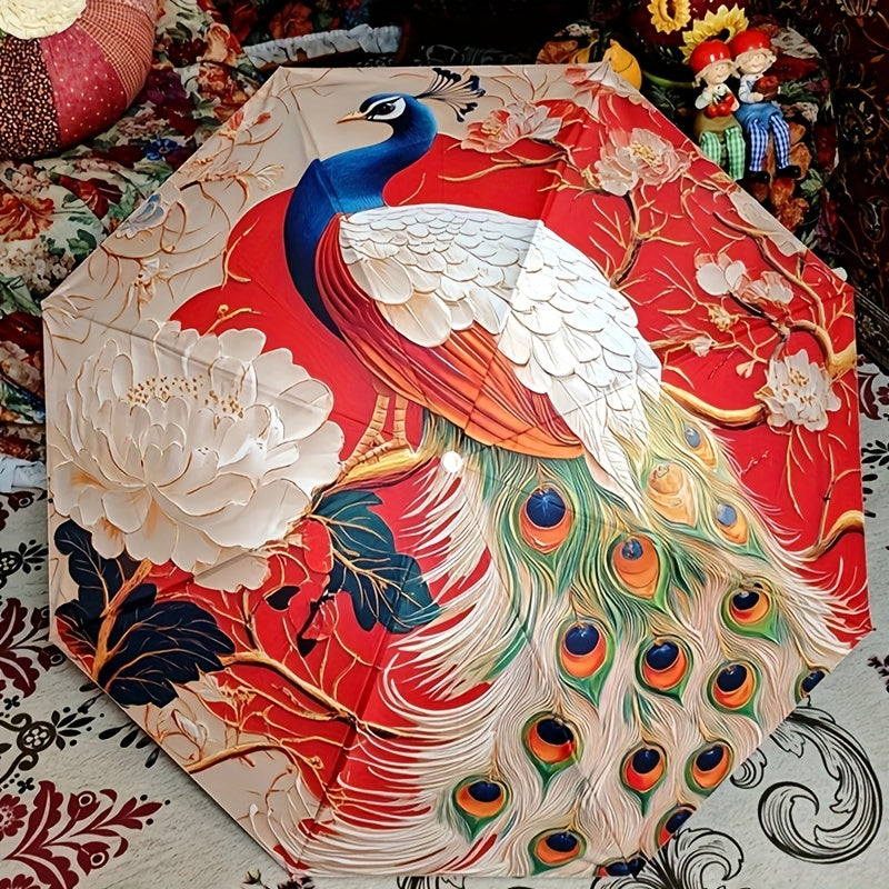 Parapluie pliant motif paon color¨¦ avec protection UV - Compact, l¨¦ger et r¨¦sistant pour soleil ou pluie - Design floral rouge, blanc, bleu, vert, jaune et orange - Ouverture manuelle, 8 baleines en acier