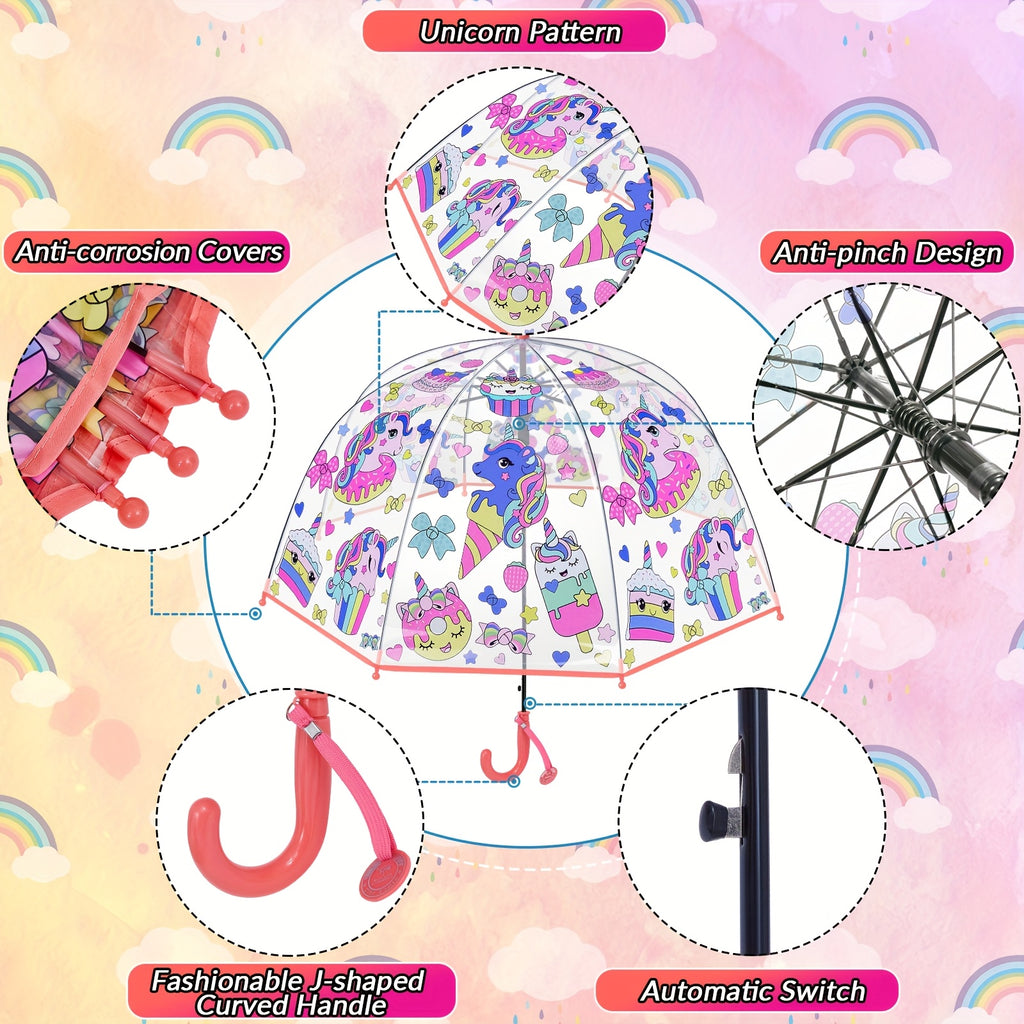 2pcs Parapluies ¨¤ Bulles Licorne, Ouverture Automatique, 8 Barres, Manche en Fibre de Carbone & PE, Auvent en PVC Hydrofuge, Manche Courb¨¦ Facile ¨¤ Tenir pour Gar?ons et Filles