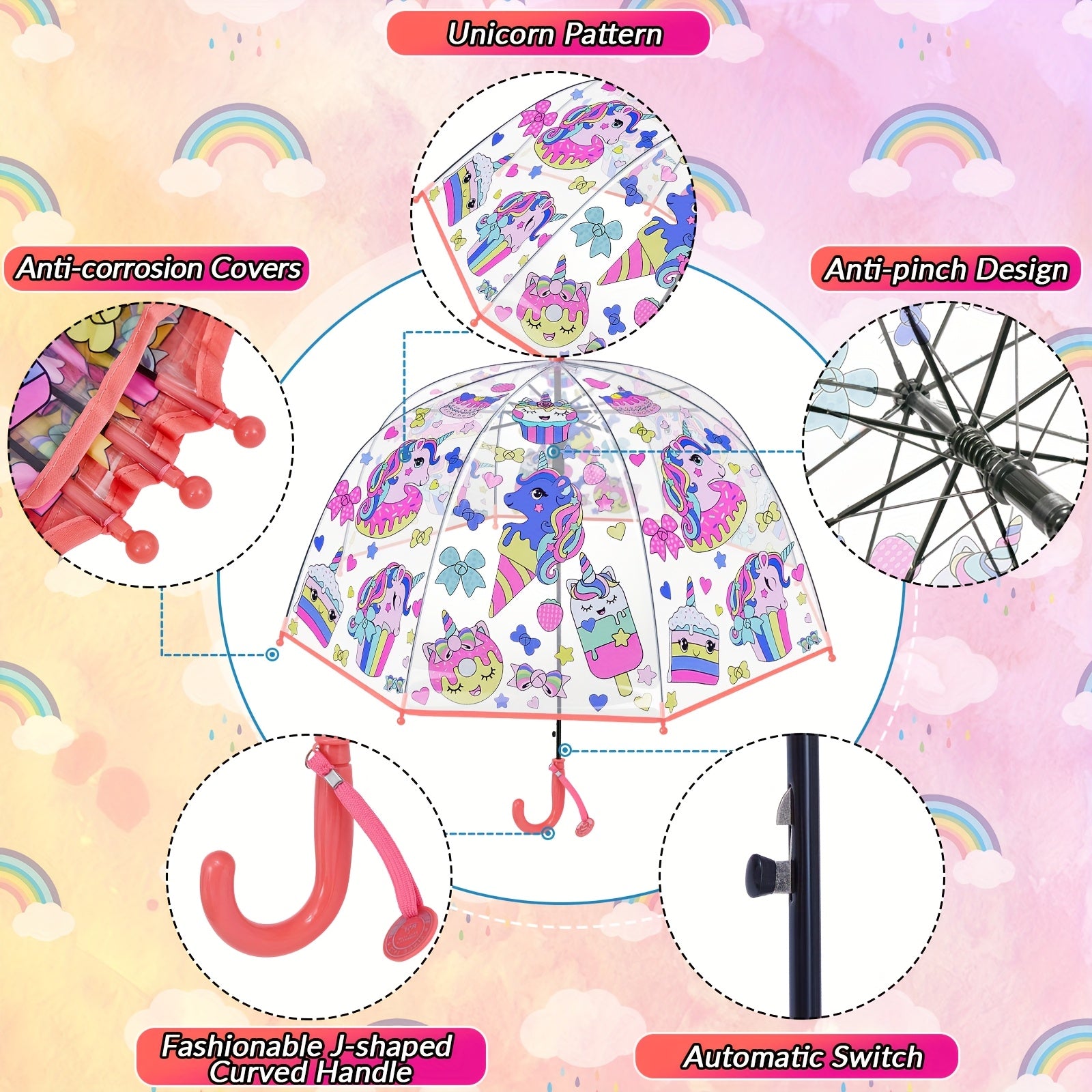 2pcs Parapluies ¨¤ Bulles Licorne, Ouverture Automatique, 8 Barres, Manche en Fibre de Carbone & PE, Auvent en PVC Hydrofuge, Manche Courb¨¦ Facile ¨¤ Tenir pour Gar?ons et Filles