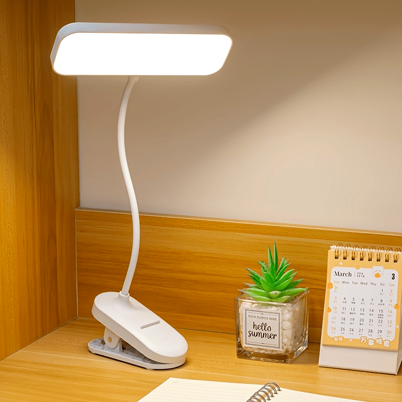 Dimmable LED Clamp Desk Lamp, Touch Control Clip-On Light with Adjustable Brightness, Color Changing, USB\u002FBattery Dual Power, Rechargeable 800mAh Lithium, Indoor Use for Home, Dormitory, Reading, Bedside - White