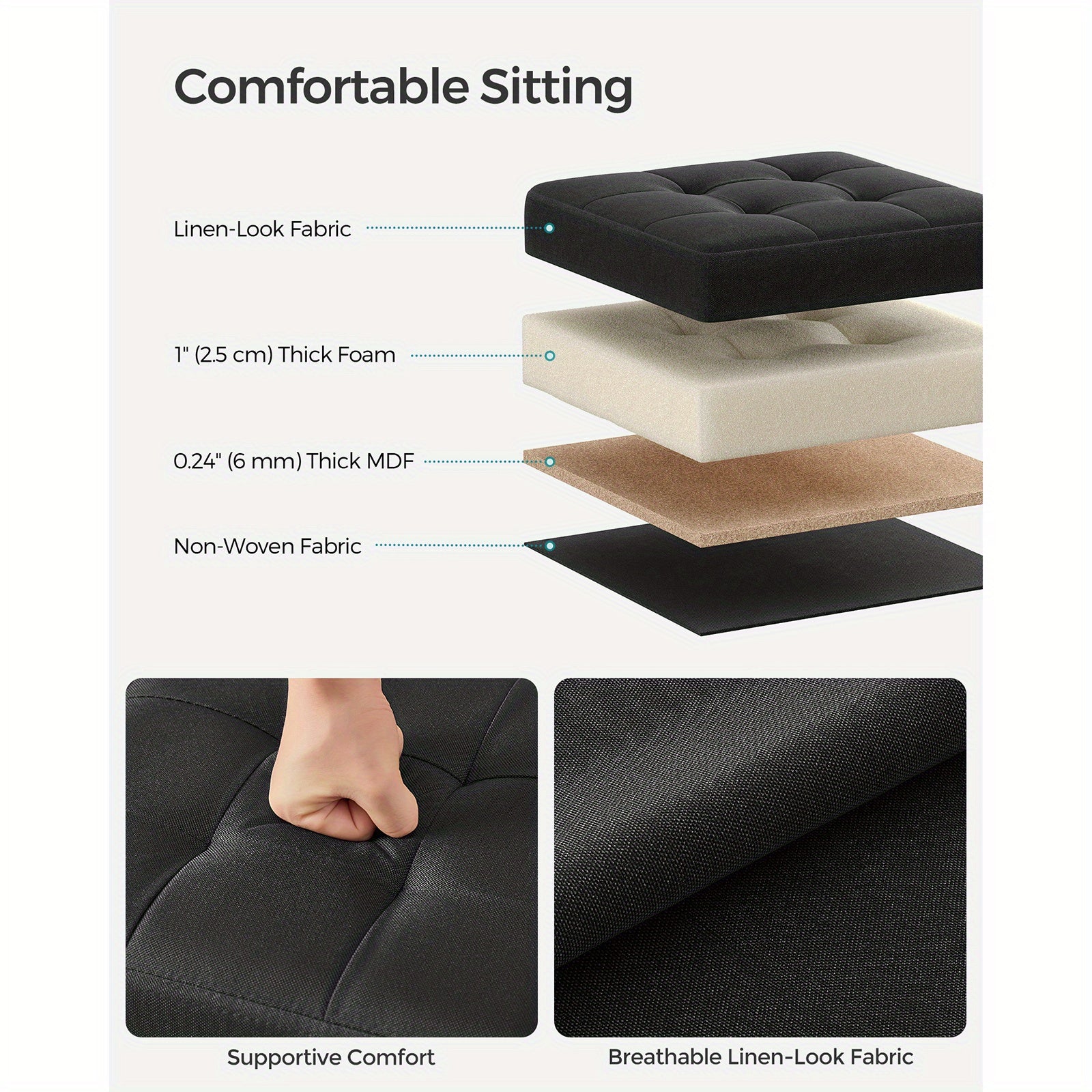 SONGMICS Foldable Storage Ottoman, 11.8 Inch Cube Foot Stool with Sturdy Wooden Frame, Black Compact Footrest for Relaxation and Organization, Supports up to 286 lb