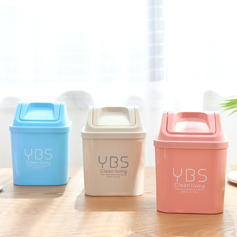 YBS Clean Living Mini Trash Can with Flip Lid ¨C Square Desktop Waste Basket for Kitchen & Living Room, Durable PP Material, Light Blue\u002FWhite\u002FPink, Compact Design for Countertop or Tabletop Use